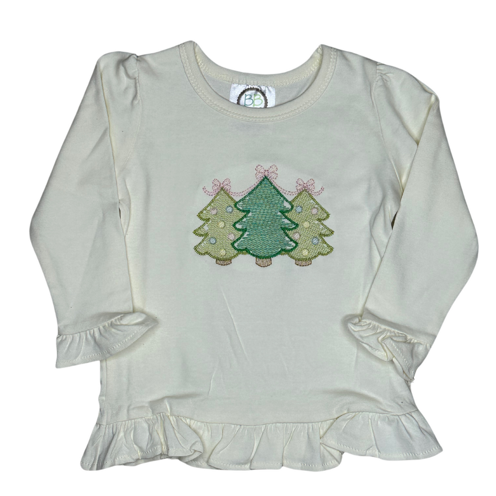 Christmas Tree Monogram- Girls Ruffle Sleeve Shirt