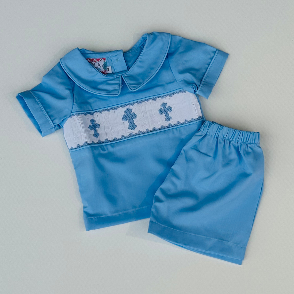 Blue Smocked Cross Short Set