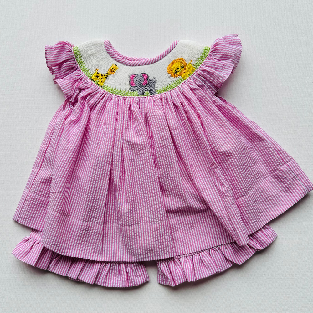 Pink Seersucker Zoo Dress with Bloomers